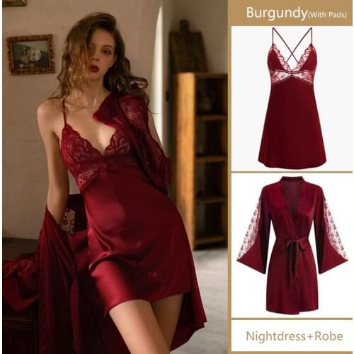 2PCS Robe Sets Night Dress Women Satin Sleepwear Bride Bridesmaid Wedding Gift Sexy Lace Nightgown Kimono Bathrobe Gown