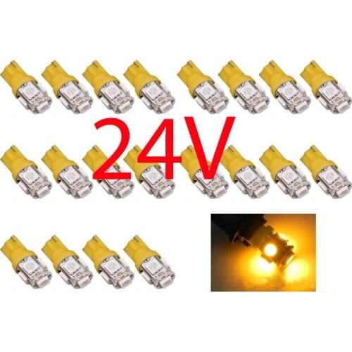 20Pcs Yellow T10 W5W 5050 5SMD 168 194 192 DC 24V License Plate Led Bulbs For Car Interior Lights Reading Light Trunk Light Bulb
