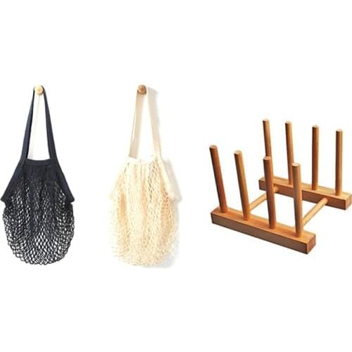 Promotion! 2Pcs Portable Reusable Mesh Cotton Net String Bag with Wooden Drainer Plate Stand Wooden Dish Plate Fold Rack Holder