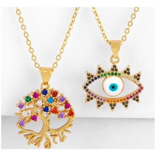 Tree evil eye multicolor micro pave cz zircon cubic zirconia necklace copper Clavicle gold plated Snake Chain Choker Pendant 2wx