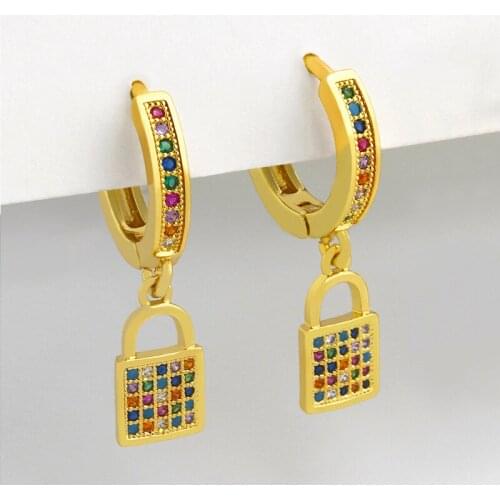 FLOLA Cute Small Padlock Dangling Earrings For Women Stone Crystal Huggie Lock Earrings Drop Cubic Zirconia Gold Jewelry ersu83