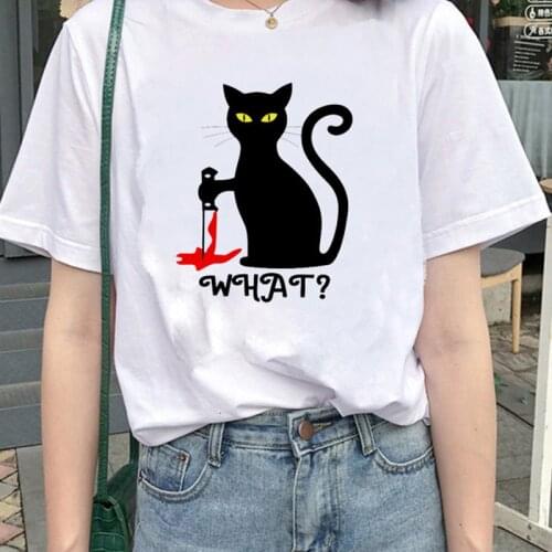 Summer Womens T-shirt Cat Knife Print T-shirt Kawaii Funny cartoon T-shirt Cat What Murderous Graphic Short Sleeve Female