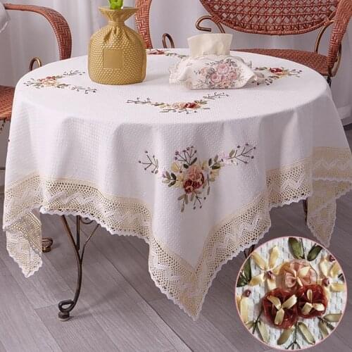 Proud Rose Cotton Linen Tablecloth Hand Crocheted Embroidered Lace Hem European Style Cover Washable Table Cloth for Tea Table