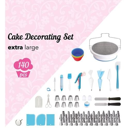 140pc Cake Decorating Tools Pastry Nozzles Converter Cream Bag Turntable Scraper Icing Piping Tips Confectionery Baking Sets