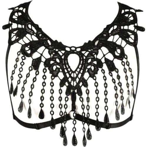 JLX.HARNESS Black lace Bra Goth Rave Body Cage Harness Punk Lace Sexy Lingerie Tassels Bandage Body Harness Women Bra Belt