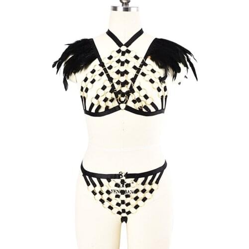 JLX.HARNESS Feather Epaulettes Golden O-Ring Harness Bra Gothic Body Harness Set &Sexy Lingerie Elastic Adjust Bottom Panties