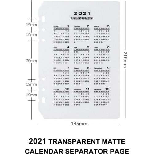 2021 calendar A5 A6 Notebook Journal PVC Filler Spiral Planner Index Divider insert Refill 6 holes Loose Leaf Agenda Stationery