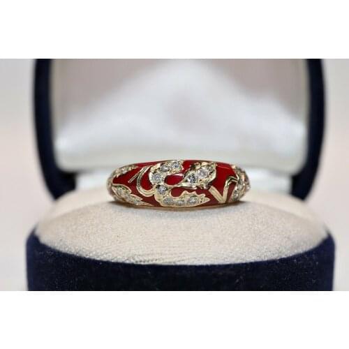 VICTORIAN STYLE NEW MADE 14K GOLD NATURAL DIAMOND AND ENAMEL DECORATED RING