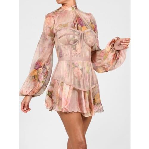 2021 summer hot models womens slim sexy mesh see-through long-sleeved corset Kylie Jenner fashion party dress suit