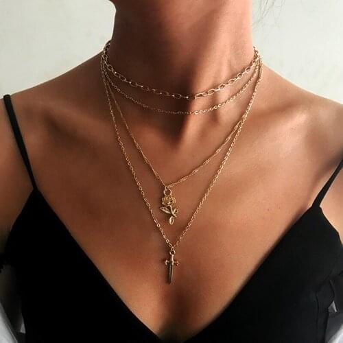 Fashion simple ms rose gold cross necklace multilayer pendant wedding anniversary party accessories