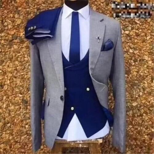 2020 Slim Fit Suit Men Classic Groom Tuxedo Mens Suits for Wedding Prom Grey Men Party Jacket Blue Vest and Pants Set 3 Piece