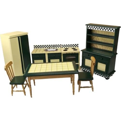 Wooden Dollhouse Furniture Set Kitchen Miniature Furniture Refrigerator Cupboard Table Chair for Dollhouse Vintage Green