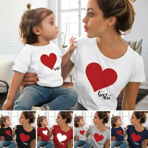 Family Matching Outfits for Mother And Daughter Heart Printed Cotton T-Shirt Cute O-Neck short sleeve Tops lovely Blouse