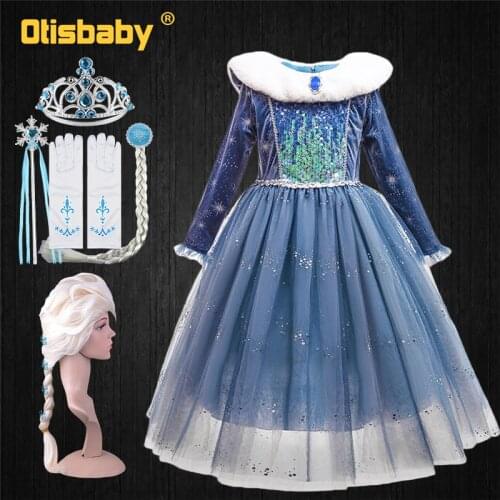 Christmas Girl Full Sleeve Velvet Keep Warm Elsa 2 Costume Fancy Girls Sequin Tulle Snow Queen Princess Birthday Party Dress