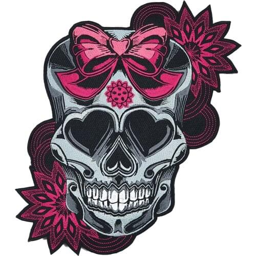 Pink Bowknot Skull Lady Embroidery Decoration Jacket Iron on Patch DIY Your Own Fashion Sew Stickers Applique Big Size for cloth