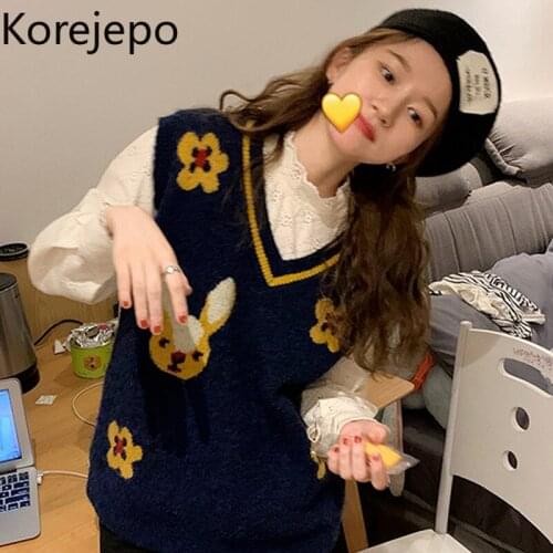 Korejepo Women Sweater 2021 Spring Autumn Girls Japanese Sweet College Style All-match Sleeveless Cute Cartoon Knitted Vest Top