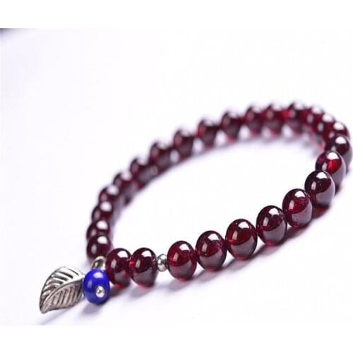 Trendy Natural Garnet Stone Beads Elastic Bracelet 6mm Wine Red Beaded Bracelet leaf Charm Bracelet Women Men Jewelry
