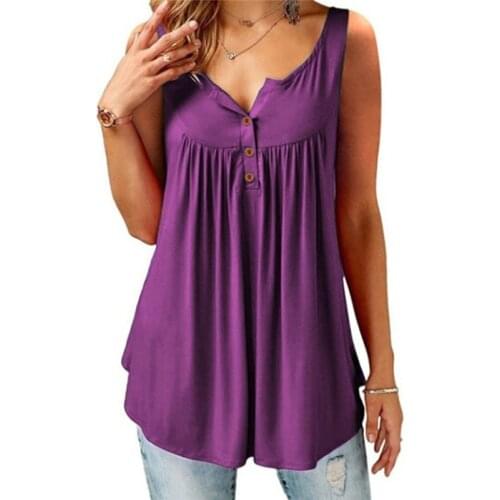 2XL Summer Loose T Shirt Women V-Neck Sleeveless Solid Tee Tops Casual Streetwear Button Pleated T Shirt Casual