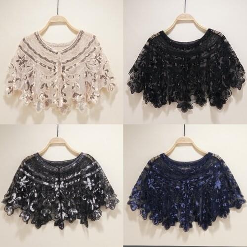 4 Colors Fashion Evening Beaded Adult Sequin Black Silver Blue Beige Femme Cape Bolero Capa Shrug Women Cloak Shawl