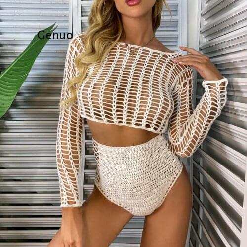 Swimsuit Female Bikini Crochet Beach Split Swimsuit Fishnet Hollow Out Mesh Bikini Cover Up Long Sleeve Boho Beachwear