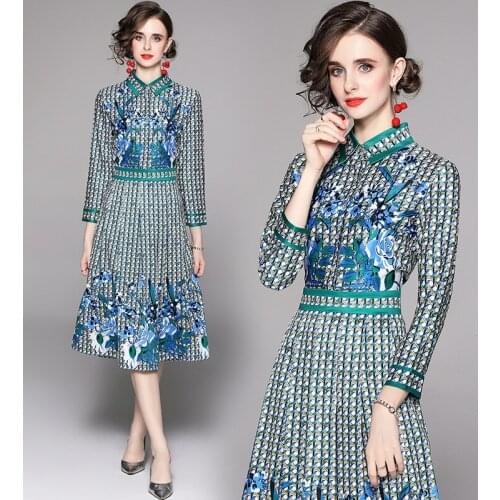 Womens Spring and Autumn New Fashion Slim-Fit High-End Geometric Print Lapel Single-Breasted Long-Sleeve Dress