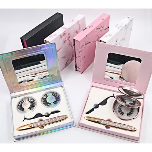 5Sets Private Label Eyelashes Kit With Tweezers And Eyeliner Pink Box Lash Kit Set Makeup Tools Make Your Own Brand