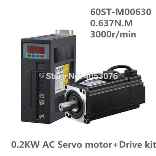 60ST-M00630 220V 200W AC Servo motor 0.2KW 3000RPM 0.637N.M. Single-Phase ac drive permanent magnet Matched Driver AASD-10A