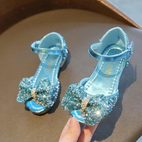 Kids Girls Rhinestone Crystal Princess Shoes For Teenager Children Blue Silver Glitter Roman Performance Open Toe Sandals Shoe