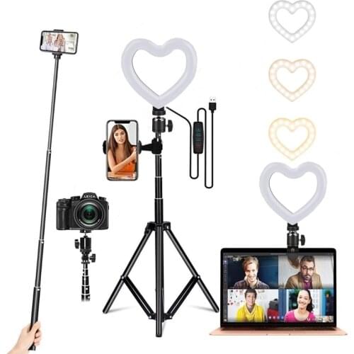 Dimmable LED Selfie Ring Fill Light Heart Phone Camera Photographic Lighting Ring Lamp With Tripod For Makeup Video Live Tik Tok