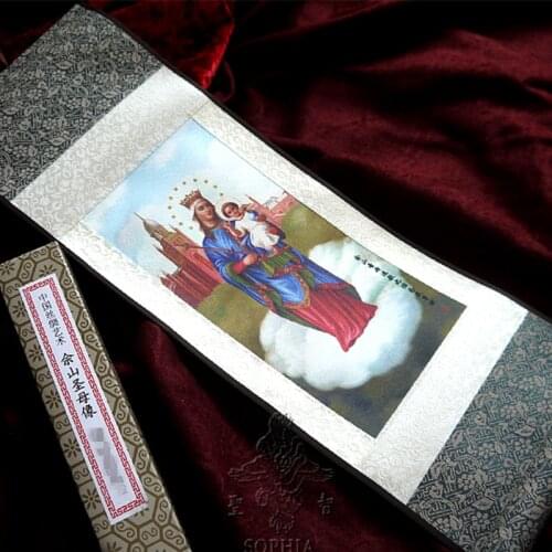 Artificial Silk Our Lady of Sheshan la Virgin Mary Catholic Holy Land Art Print Painting Wood Hanging Rod Wall Decoration Maria