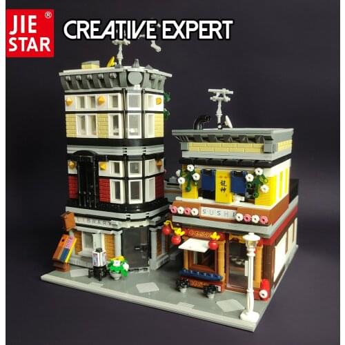 JIESTAR Creatoring Expert Street View Sushi Store 89127 Moc Bricks Modular House Model Building Blocks Toys Downtown Diner