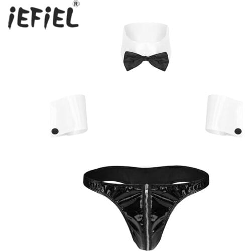 Men Erotic Sexy Roleplay Costume Waiter Tuxedo Lingerie Set Patent Leather Briefs Underwear Jockstraps Collar Cuffs Bracelets