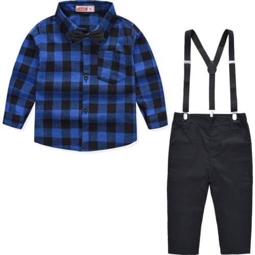 Toddler boy clothes teenagers clothes sets for boys toddler autumn clothes sets for boys plaid shirt + overalls+tie gentleman