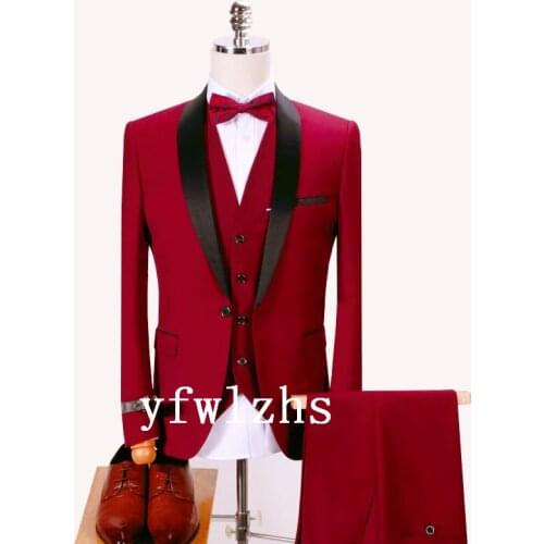Handsome Groomsmen Shawl Lapel Groom Tuxedos Mens Wedding Dress Man Jacket Blazer Prom Dinner (Jacket+Pants+Tie+Vest) A572