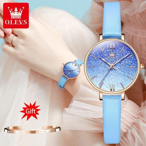 OLEVS Fashion Women Romantic Starry Sky Wrist Watch bracelet Leather Designer Ladies Clock Simple Dress Quartz Clock Damenuhr