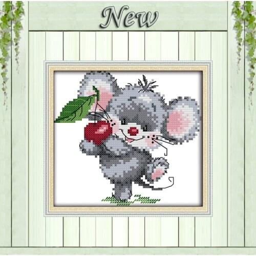 Little mouse picking cherries painting counted print on canvas DMC 14CT 11CT chinese Cross Stitch Needlework Set Embroidery kits