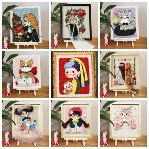 DIY Punch Needle Magic Embroidery Kit with Frame Pattern Printed Cross Stitch Handmade Knitting Cartoon Cat Embroidery craft