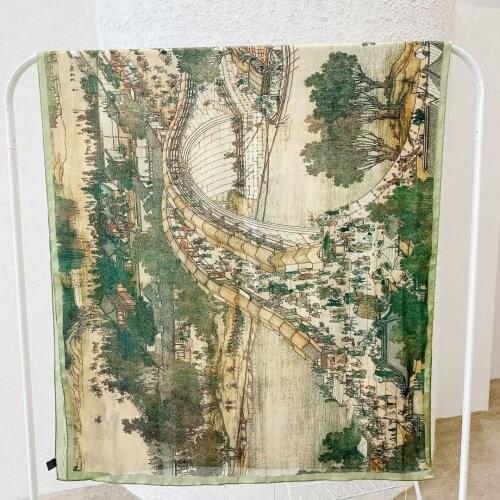 New Luxury Women Large Shawls Pashmina Hijab Design Ascending the River at Qingming Festival Print Lady Beach Stole Head Scarves