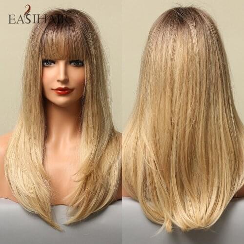 EASIHAIR Long Straight Golden Synthetic Wigs Blonde Ombre Wigs for Women Natural Hair Wigs with Bangs Daily Wig Heat Resistant