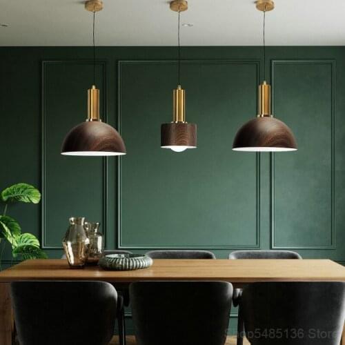 Nordic Wrought Iron Wood Grain Dining Room Pendant Lights Bar Table Study Bedroom Lamp Living Room Pendant Kitchen Hanging Lamps