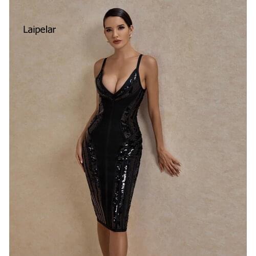 Sequined Bandage 2021 New Women Sexy Deep V Neck Black Bandage Dress Bodycon Spaghetti Strap Club Party Dress