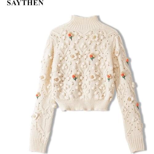 Saythen Womans Jersey Sweater 2021 Korean Casual Three-Dimensional Crochet Sweet Embroidery Sweater Female Oversized Knitwear