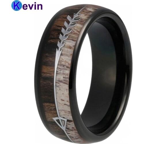 Dear Antler Ring Men Women Tungsten Black Ring With Zebra Wood Antler Arrows Inlay 8MM Comfort Fit
