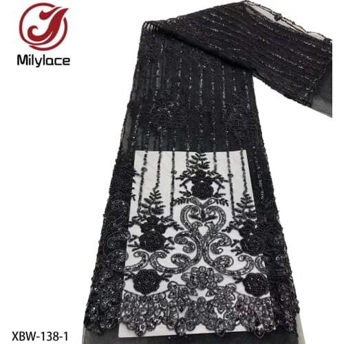 High Quality African Tulle Lace Fabric with Tube Beads and Sequins Embroidered French Net Lace for Evening Party Sewing XBW-138