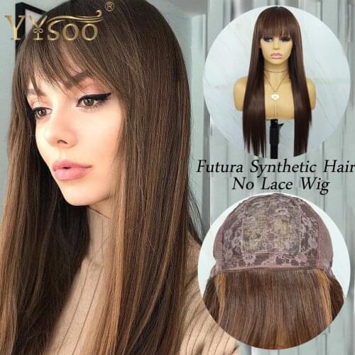 YYsoo Long Silky Straight Japan Futura Synthetic No Lace Wig With Bangs #4 Highlights #30 Color Full Machine Made Wigs For Women
