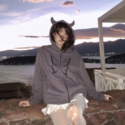 Women Hip Hop Streetwear Hoodies Women Jacket Butterfly Print Jacket Coat Harajuku Y2k Clothes Punk Jacket Outwear Zip
