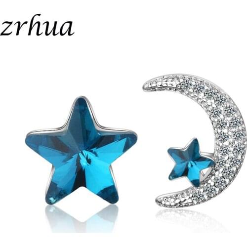 ZRHUA 925 Solid Sterling Silver Women Fashion Chic Moon and Star Small Love Stud Earrings Friendship Gift for Girls friends