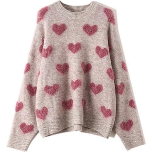 Heart Pattern Knit Pullover Oversized Sweater Women Jumper 2021 Winter Soft & Warm Cute Long Sleeve Fluffy Knitwear Female