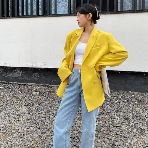 Womens Spring Casual Suit Coats Notched Collar Yellow Chaqueta Mujer Pocket Loose Plus Size Outerwear Streetwear Blazer Feminino