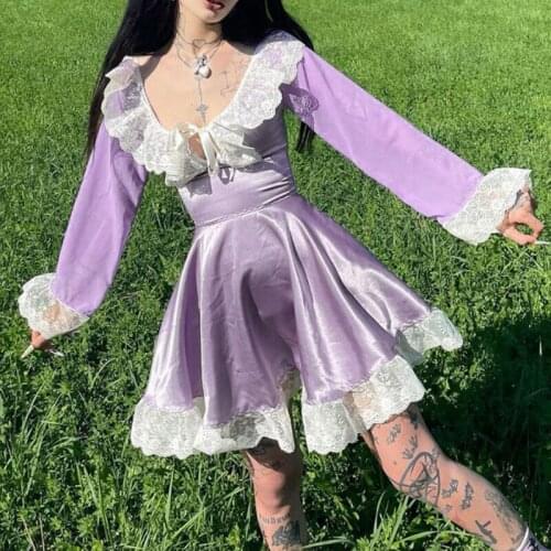 French Courtly Style Sweet Vintage Elegant Woman Violet Dress Gothic High Street Goddess Chic Lolita Maid Lace Silk Satin Dress